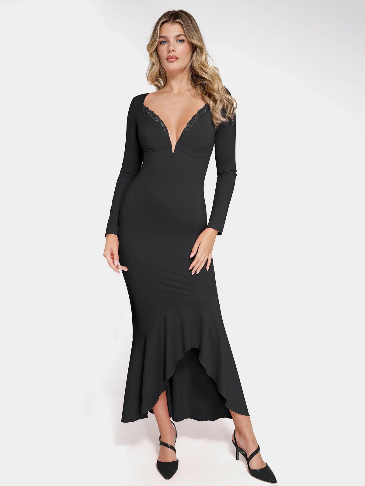 Popilush Shapewear Long Sleeve Lace Trim Sculpting Mermaid Maxi Dress